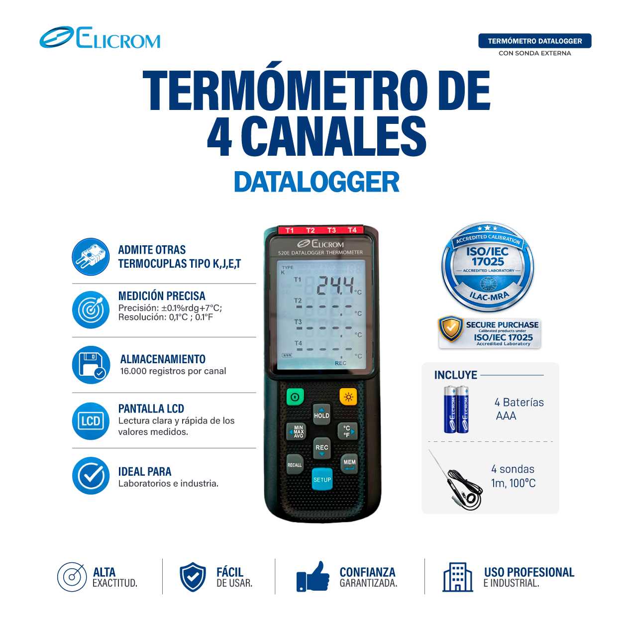 Termómetro datalogger de 4 canales, tipo K J E T - Image 2