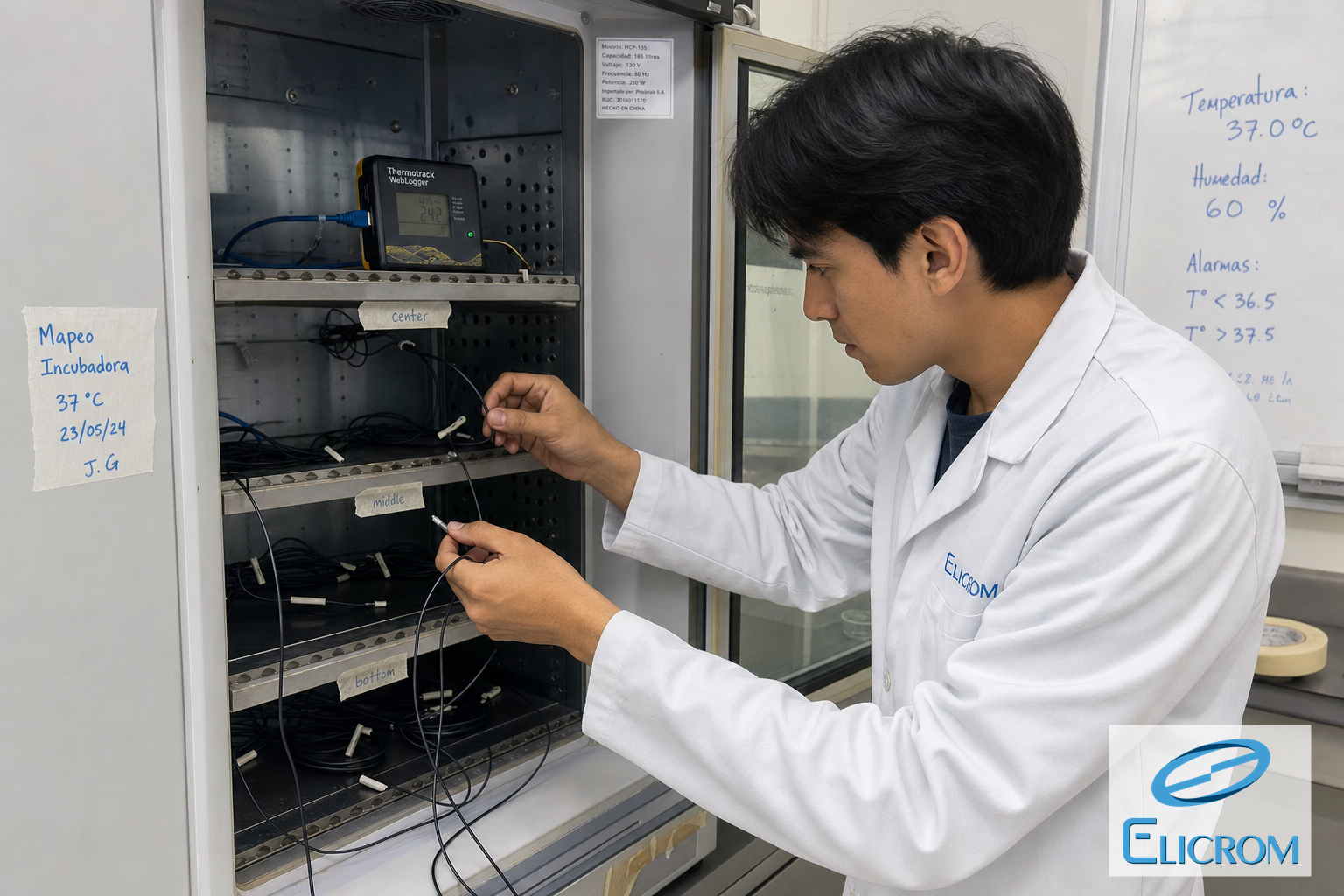 Técnico de ELICROM Colombia realizando mapeo térmico en incubadora en Bogotá