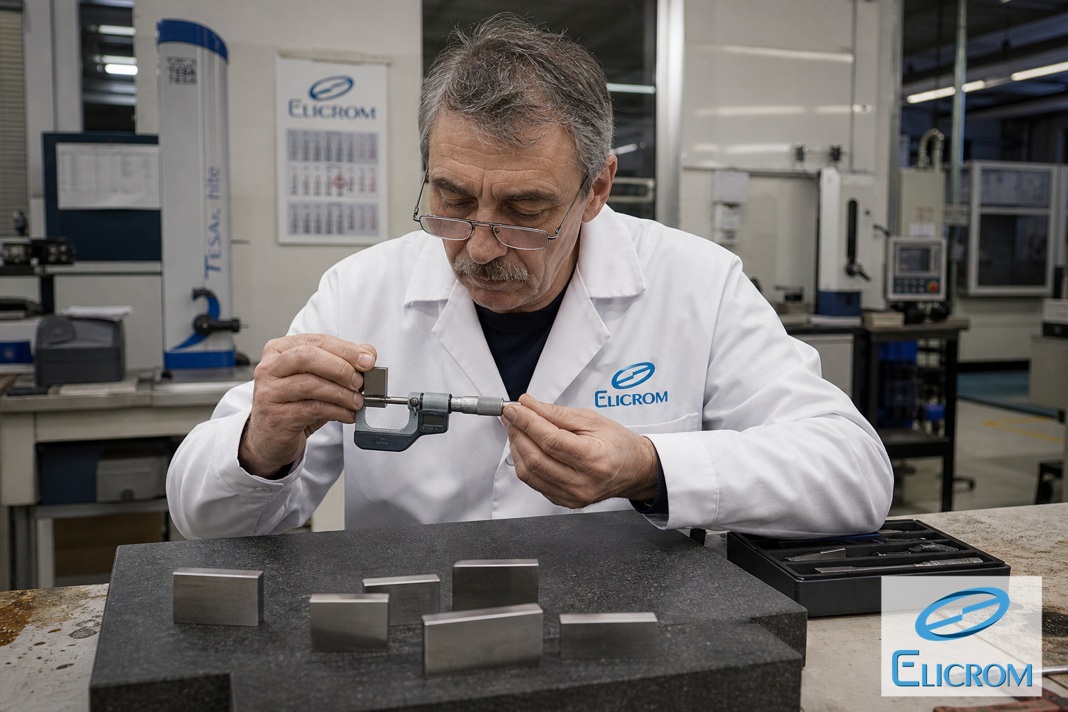 Técnico de ELICROM Colombia calibrando micrómetro exterior en Bogotá