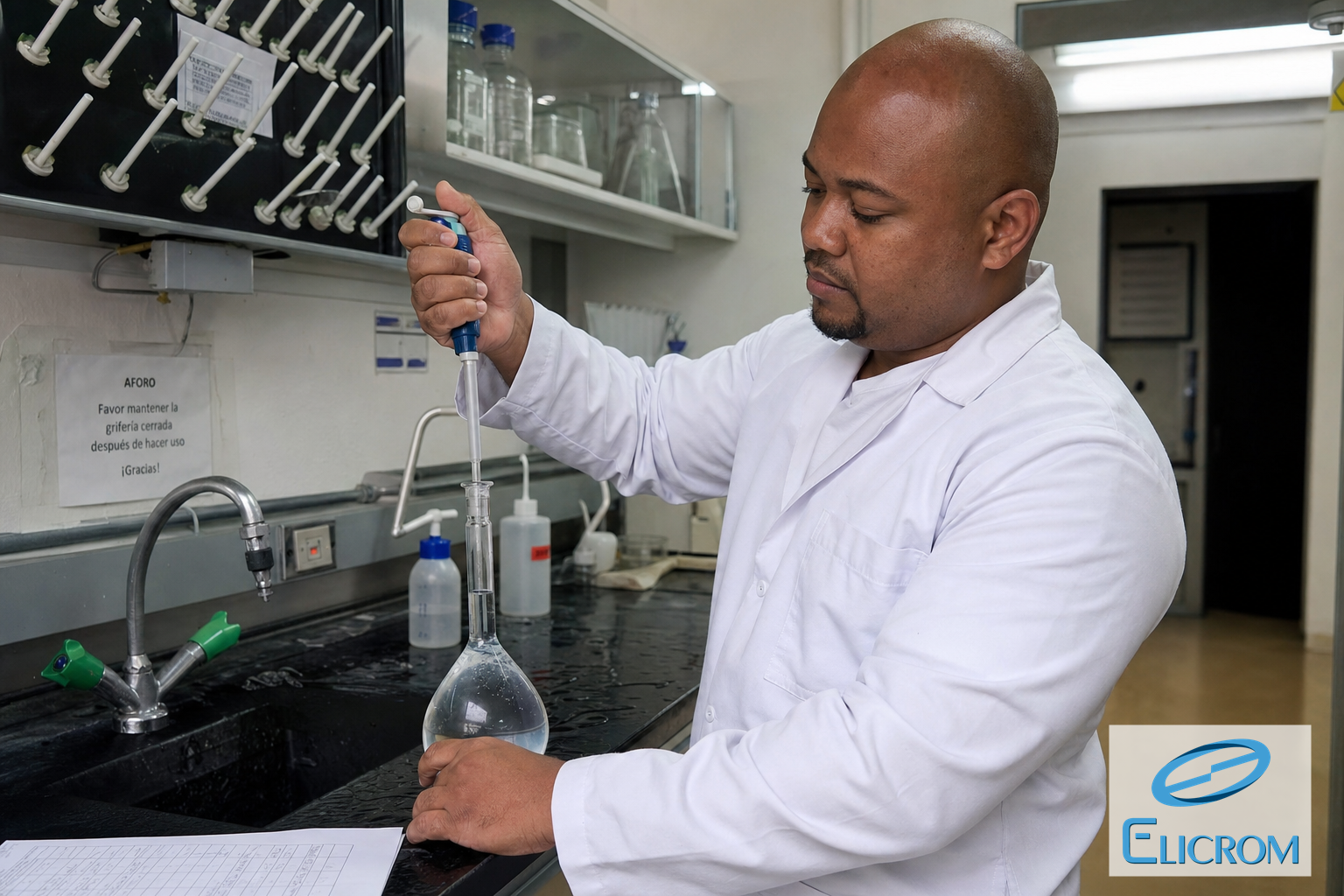 Técnico de ELICROM Colombia calibrando balón de aforo y probeta graduada en Bogotá