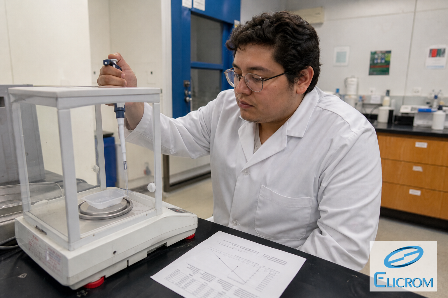 Técnico de ELICROM Colombia calibrando micropipeta en Bogotá