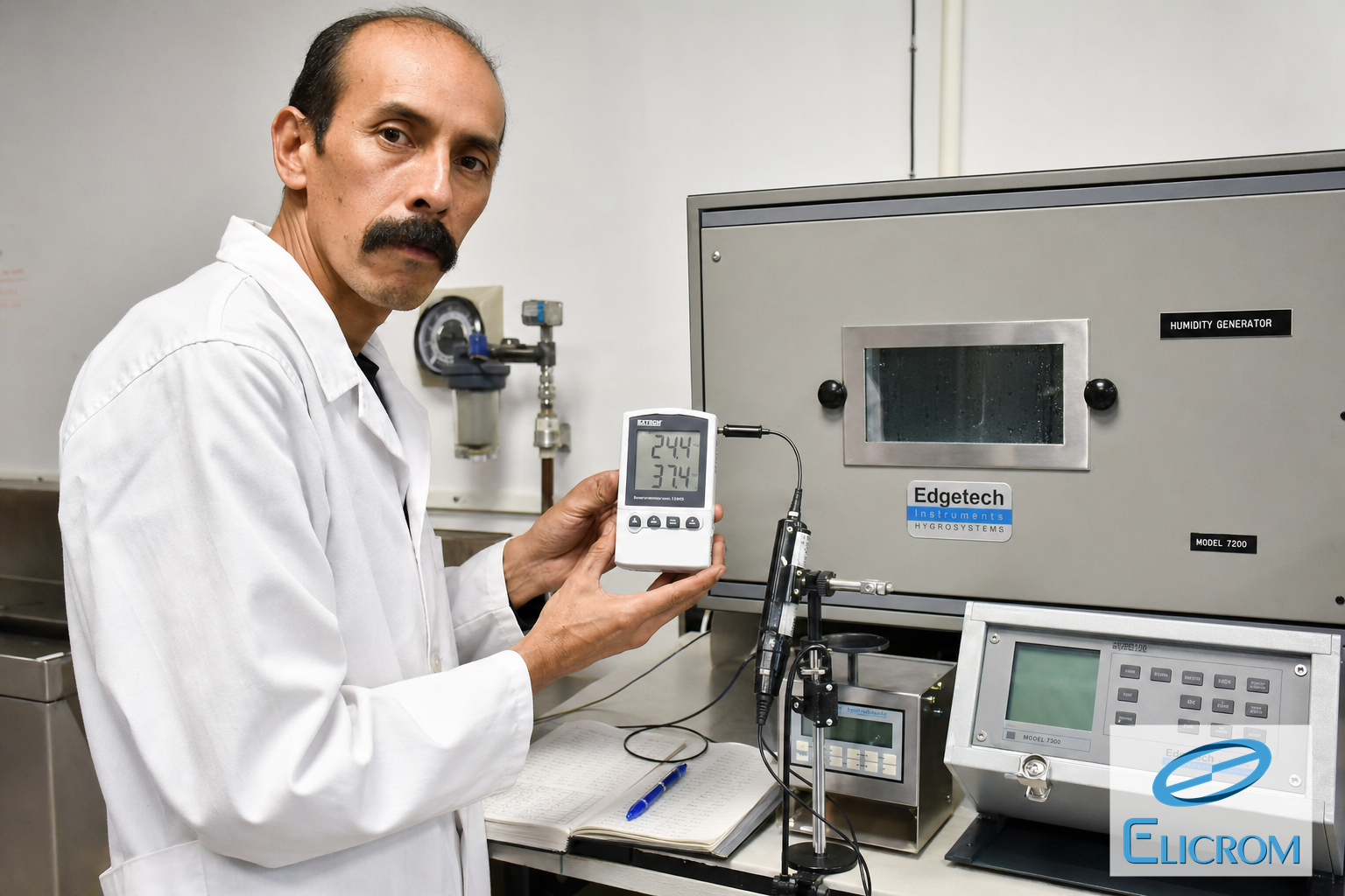 Técnico de ELICROM Colombia calibrando termohigrómetro en cámara climática Bogotá