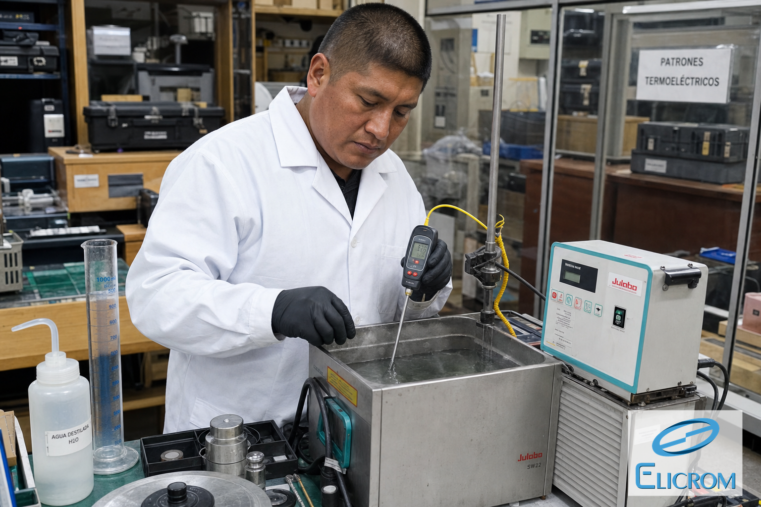 Técnico de ELICROM Colombia calibrando termómetro digital en bloque de temperatura Bogotá