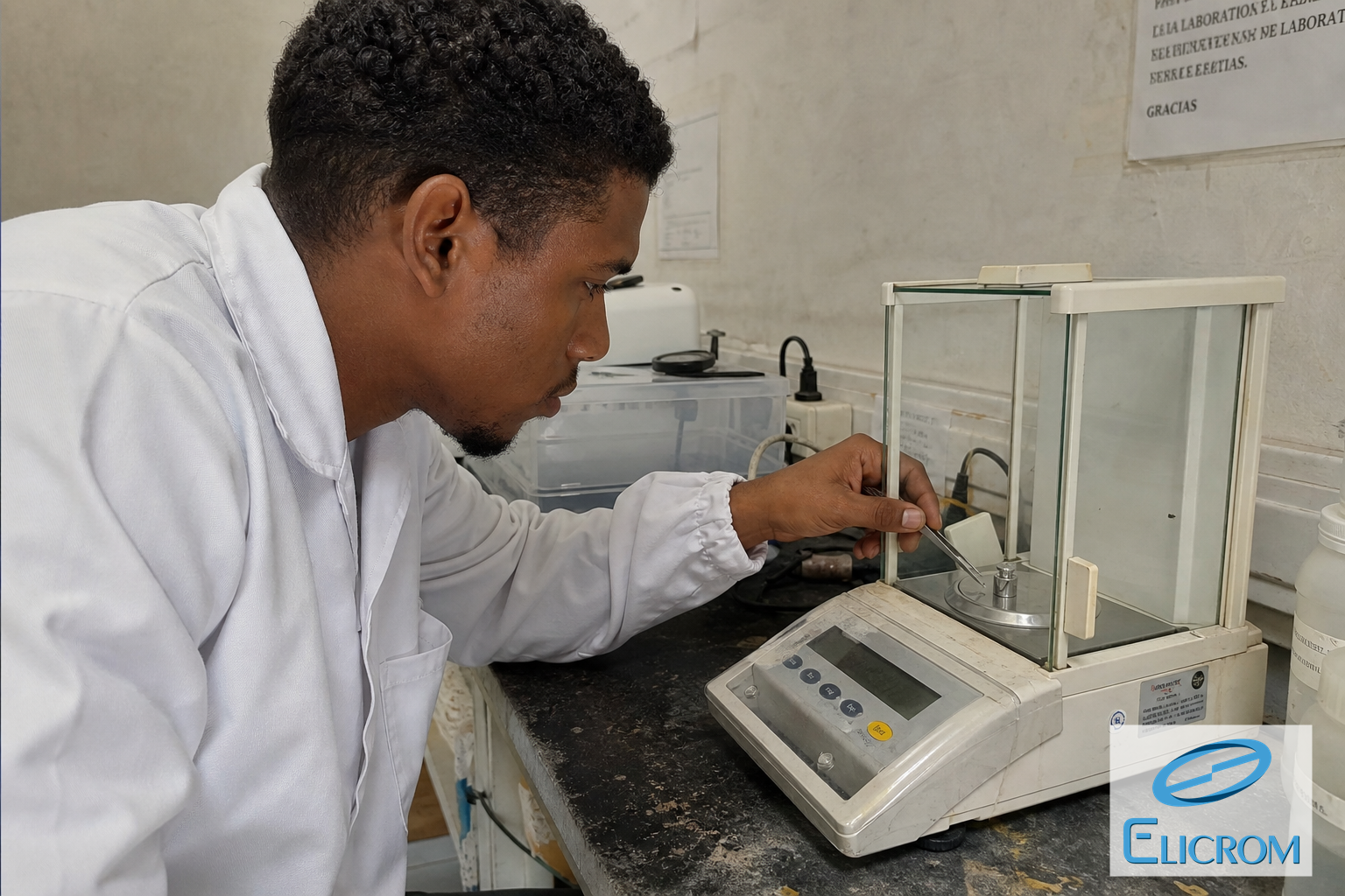 Técnico de ELICROM Colombia calibrando balanza analítica en Bogotá