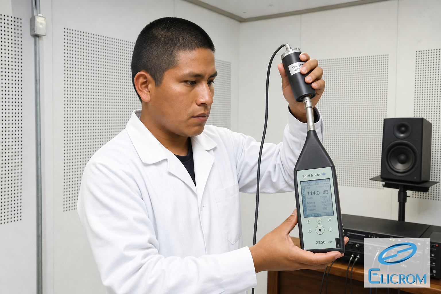 Técnico de ELICROM Colombia calibrando sonómetro integrador en Bogotá