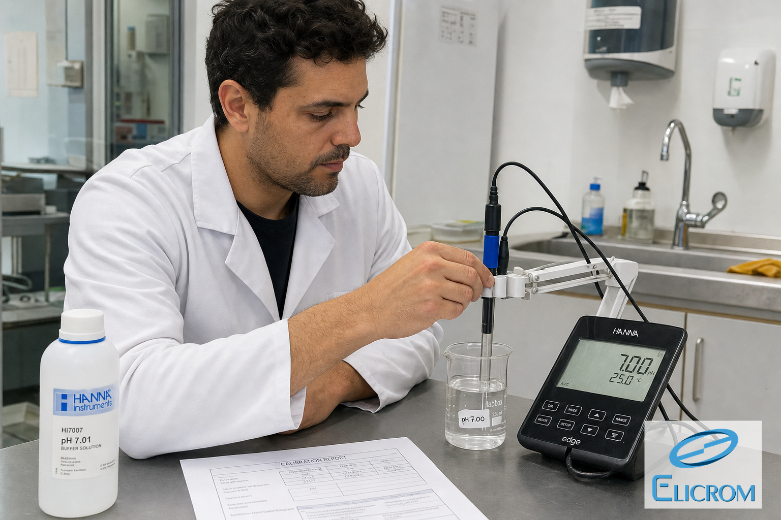 Técnico de ELICROM Colombia calibrando multiparámetro de calidad de agua en Bogotá