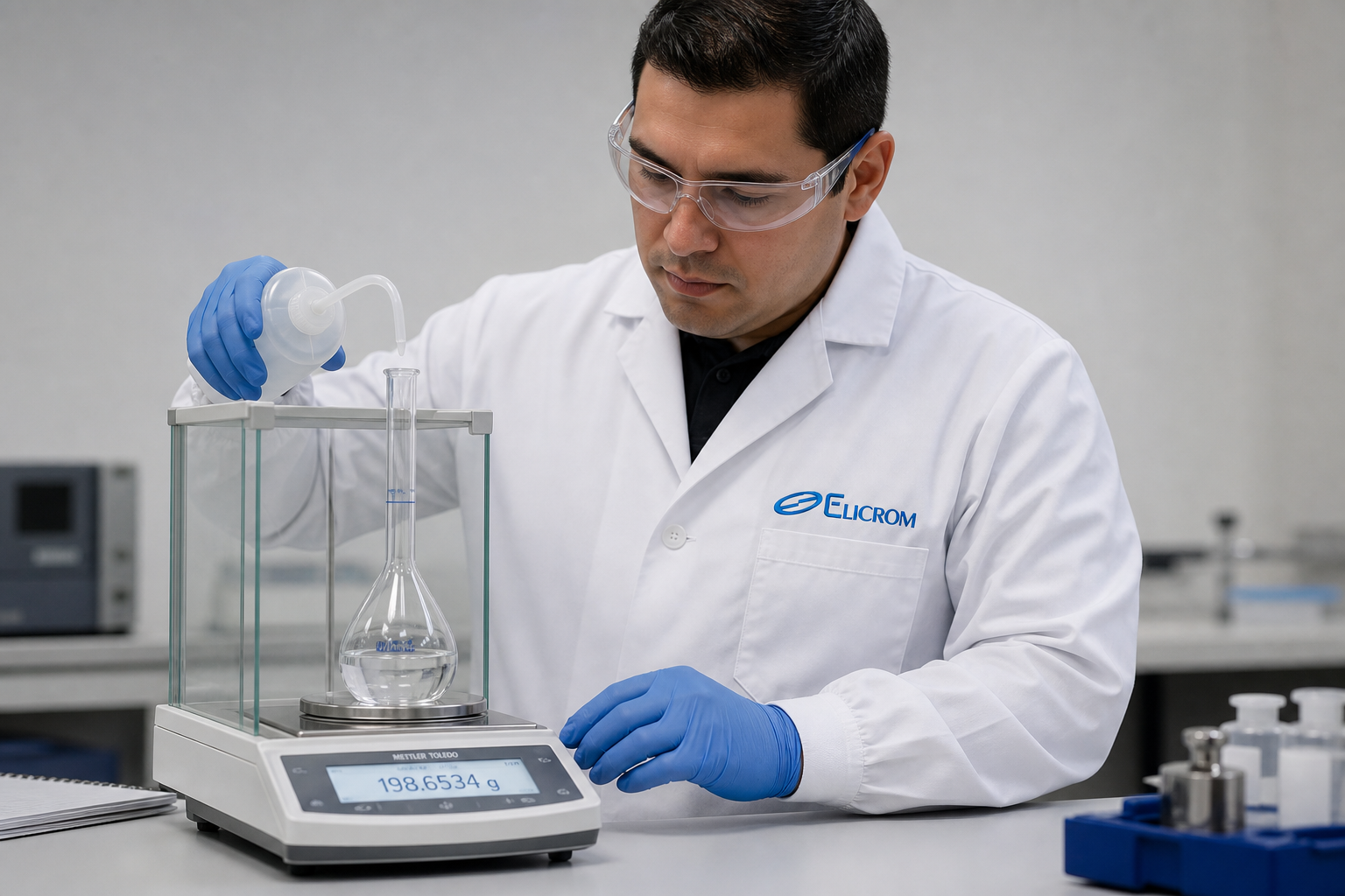 Técnico de ELICROM Colombia calibrando balón de aforo y probeta graduada en Bogotá