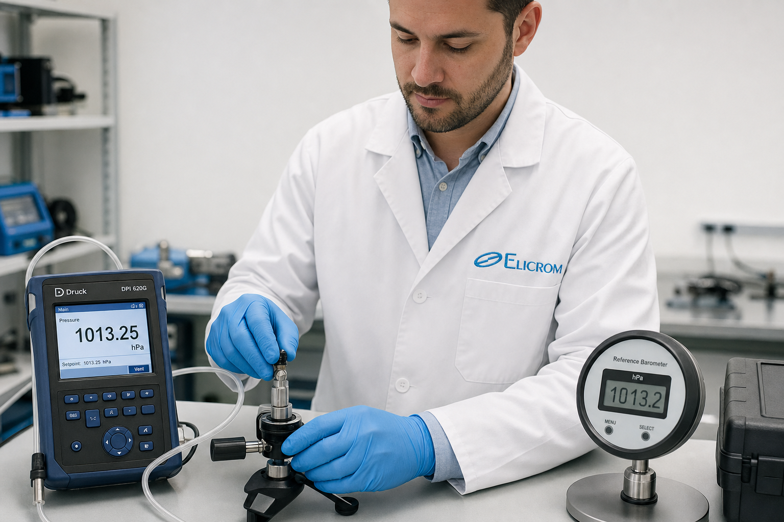 Técnico de ELICROM Colombia calibrando barómetro digital en Bogotá