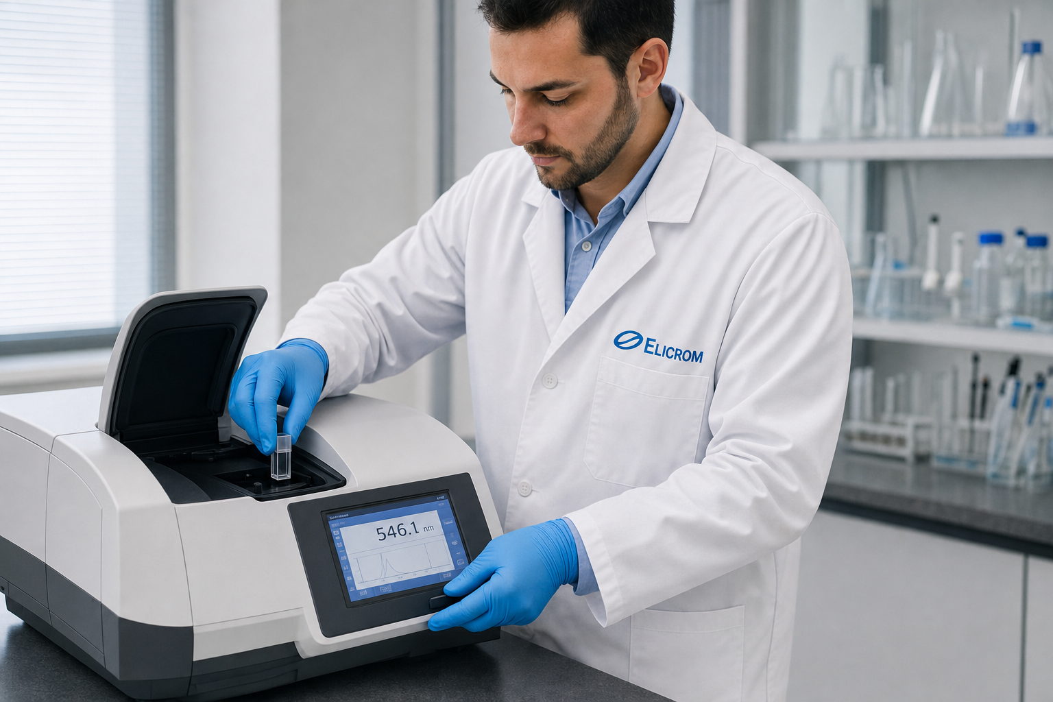 Técnico de ELICROM Colombia calibrando espectrofotómetro UV-VIS en Bogotá