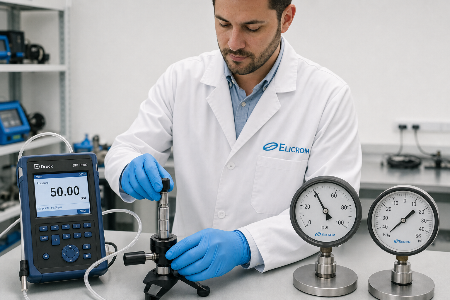 Técnico de ELICROM Colombia calibrando manómetro digital en Bogotá