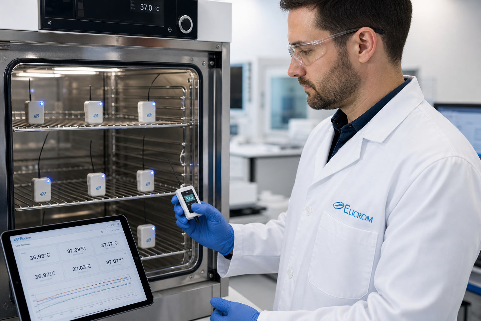 Técnico de ELICROM Colombia realizando mapeo térmico en incubadora en Bogotá