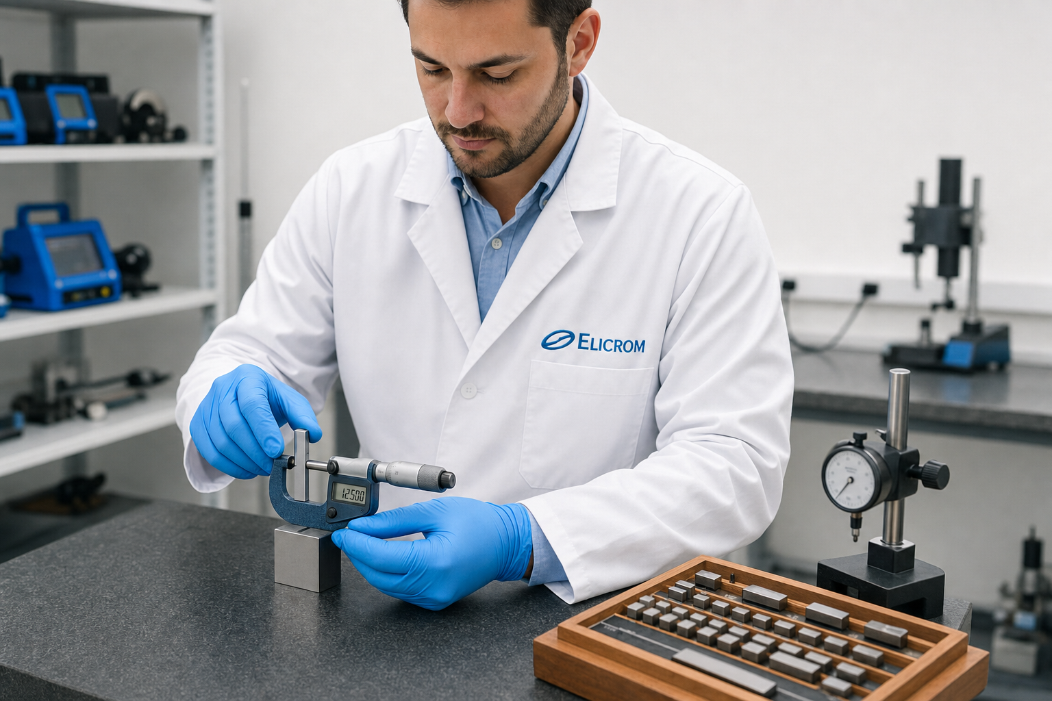 Técnico de ELICROM Colombia calibrando micrómetro exterior en Bogotá