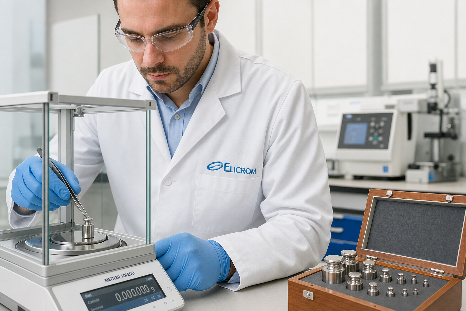 Técnico de ELICROM Colombia calibrando pesas patrón OIML en Bogotá