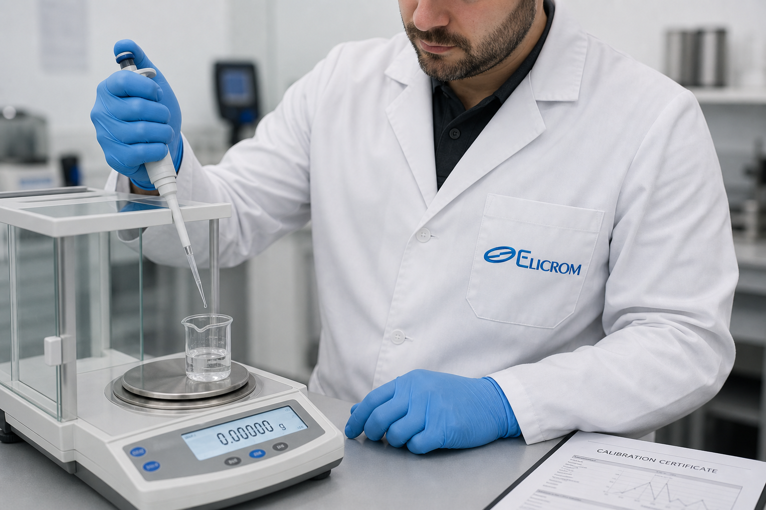 Técnico de ELICROM Colombia calibrando micropipeta en Bogotá