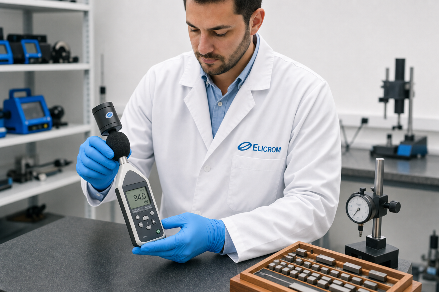 Técnico de ELICROM Colombia calibrando sonómetro integrador en Bogotá