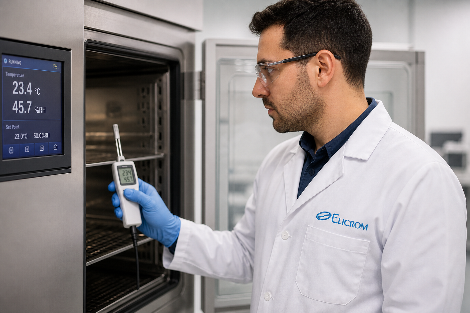 Técnico de ELICROM Colombia calibrando termohigrómetro en cámara climática Bogotá