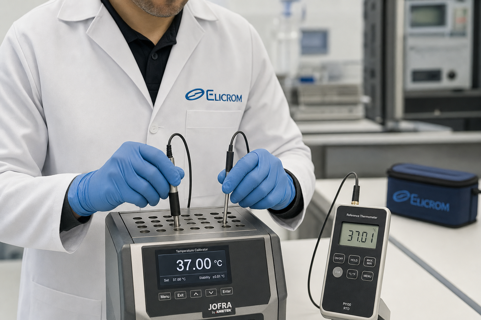 Técnico de ELICROM Colombia calibrando termómetro digital en bloque de temperatura Bogotá